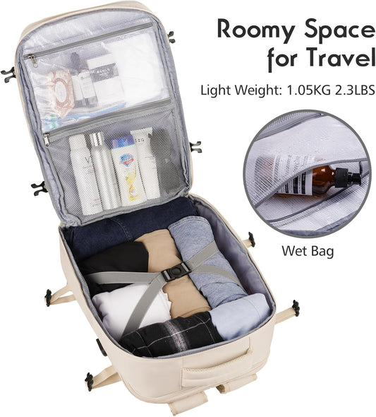 MOMUVO Large Travel Backpack Women, Flight Approved Carry On Backpack, Water Resistant Anti-Theft Large Casual Daypack Fit 17 Inch Laptop with USB Charging Port, Beige