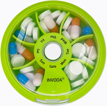 INVODA Weekly Pill Organizer 7 Compartment Rotating Pill Box for Daily Medication & Vitamins - Portable Travel Pill Case Fish Oil Supplements Vitamins Organizer (Orange)