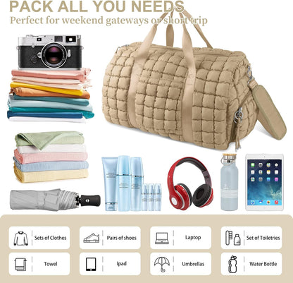 Quilted Travel Duffle Bag Gym Bag for Women,Large Puffer Duffle Weekender Bag with Compartment,Workout Overnight Carry on Organizer Bag Duffle Bag for Airplane Travel(L-Khaki)