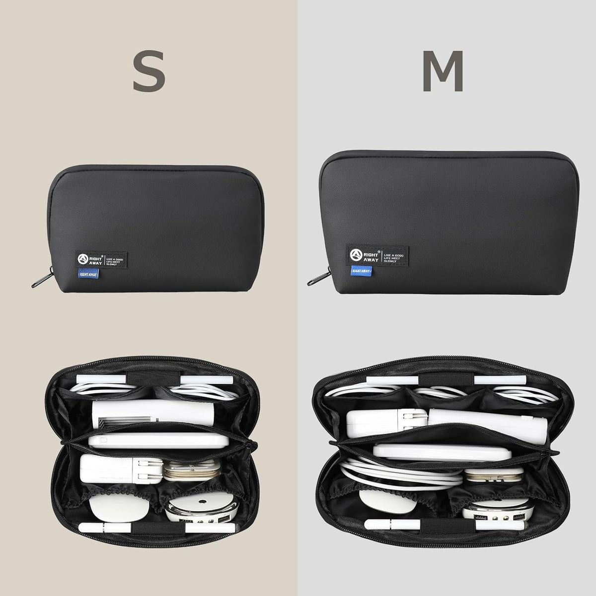 RIGHT AWAY Travel Tech Pouch，Waterproof Cord Case，Electronics Organizer Travel Case，Cable Organizer Storage Bag For Phone, Charger, Accessories(BLACK)