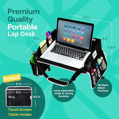Travel Lap Desk, Travel Tray, Portable Lapdesk for Car, Remote Work, Road Trips, School, Laptop Pad with Storage Pocket, Tablet Holder, Shoulder Strap, Fits up to 15.6-Inch Laptop (Black)