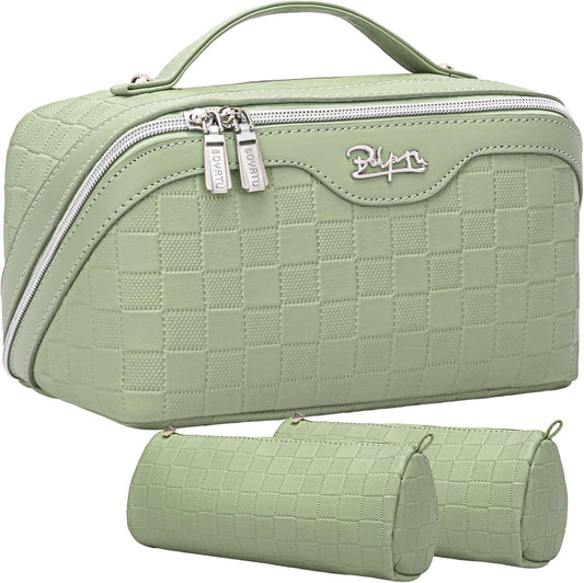 Travel Makeup Bag Organizer Cosmetic Bag: 3 Pcs Set Make up Bags for Women with Handle - Waterproof Vegan Leather Toiletry Bags with Comparments (C-06-Green)