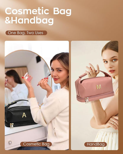 Wedding Gift-Travel Essentials, Presents for Women Makeup Bag with Handle, Initial Cosmetic Bag with Makeup Brush Organizer, PU Leather Travel Toiletry Bag, Gifts for Friends Female Mom