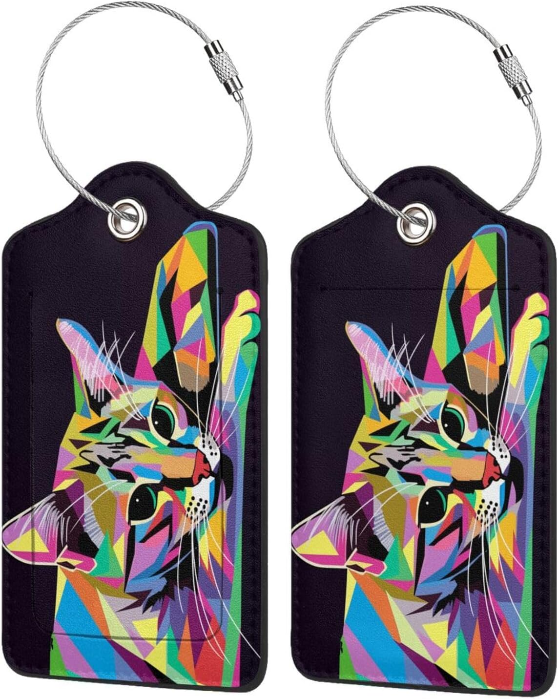 Cat Leather Luggage Tag with Stainless Steel Ring, Fun Name Id Card Cover Travel Bag Tag Set, Suitable for Travel Bag Luggage Women Men 1 PCS