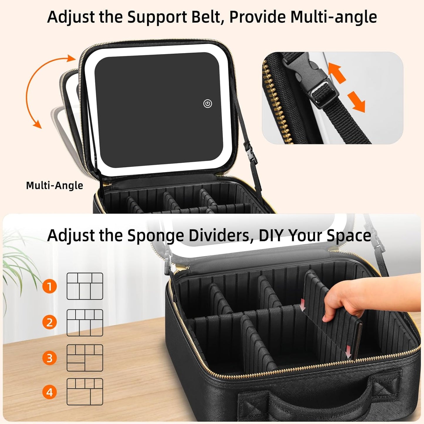 Lighted Travel Makeup Bag - 3 Colors, Mirror, 2-Layer Organizer with 10X Magnifying Mirror - Portable Cosmetic Case with Adjustable Dividers (Black)