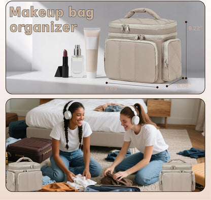 LEDAOU Toiletry Bag for Women,Quilted Travel Makeup Bag Organizer with Double Deck, Large Wide-open Cosmetic Make up Bag for Travel Essentials (Camel)