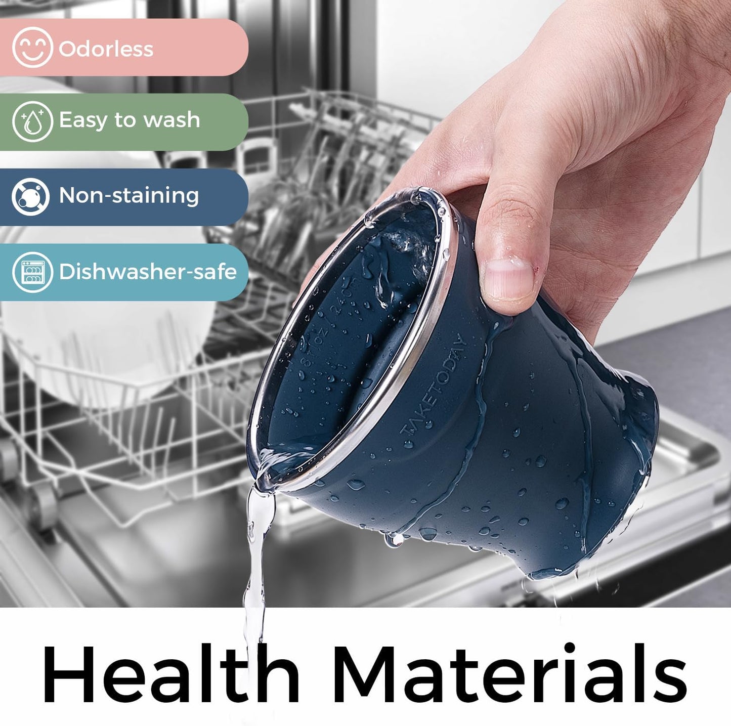 TakeToday 2PCS Collapsible Travel Cup - Silicone Foldable Water Cup, BPA-Free with Lid & Waterproof Bag - Drinking Cup Set for Camping, Outdoors & International Travel（8 Oz, Navy & Lowcountry Peach）