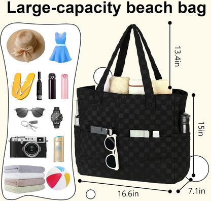 LEDAOU Large Beach Tote Bag Women Waterproof Sandproof Zipper Beach Tote Bag for Pool Gym Grocery Travel with Wet Pocket