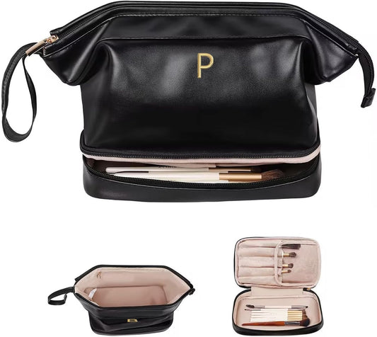 Girlfriend Gifts, Personalized Makeup Bag, Initial Double Layer Cosmetic Bag with Makeup Brush Organizer, PU Leather Travel Toiletry Bag Gifts for Women Her Friend Sister Mom Gifts