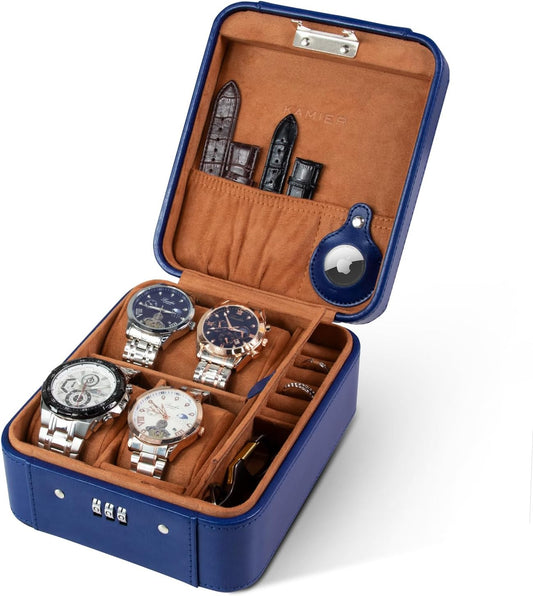 KAMIER Watch Case with Combination Lock - 4 Watch Storage and Jewelry Organizer - Watch Travel Case for Ring and Watch Storage, PU Leather Travel Watch Case, Ideal for Gift (With Gift Box),Blue