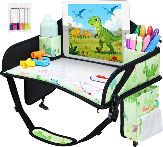 Kids Travel Tray, Car Seat Tray for kids Travel, Toddler Road Trip Essentials With Drawing Kit, Toddler Lap Desk Organizer for Car, Carseat Table for Airplane