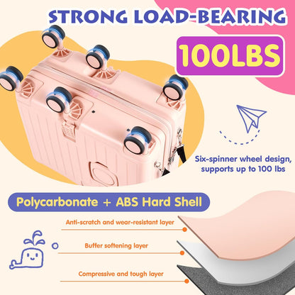 Kids Ride-On Luggage, 20" Hardshell Carry-On Suitcase with 6 Spinner Wheels, Foldable Pedal, Hidden Cup Holder & Combination Lock for Toddlers & Children (Pink, 20-inch)