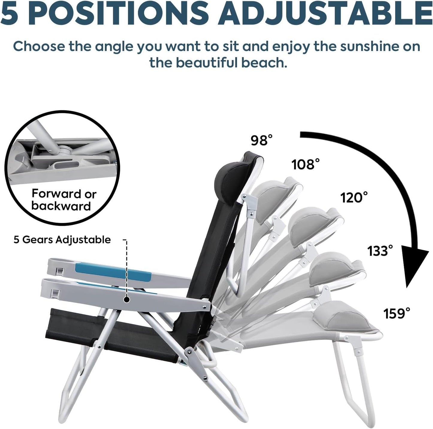 ICECO Backpacking Beach Chairs for Adults, 5 Positions Reclining Chair, Heavy Duty Folding Chairs, Portable Lay Flat Outdoor Chair with Cup Holder for Beach, Camping, Lawn, 350lb Capacity