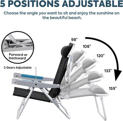 ICECO Backpacking Beach Chairs for Adults, 5 Positions Reclining Chair, Heavy Duty Folding Chairs, Portable Lay Flat Outdoor Chair with Cup Holder for Beach, Camping, Lawn, 350lb Capacity