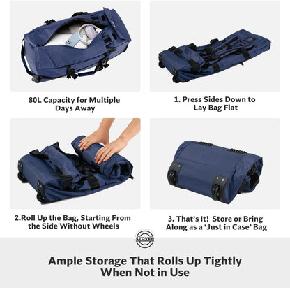 STOVER 80L Rolling Duffel Bag with Wheels, Large 31 Inch Durable Travel Duffle + Toiletry Bag, Heavy Duty, Packable, Foldable w/Shoulder Straps- Use as Luggage or Backpack, Men/Women (Blue)