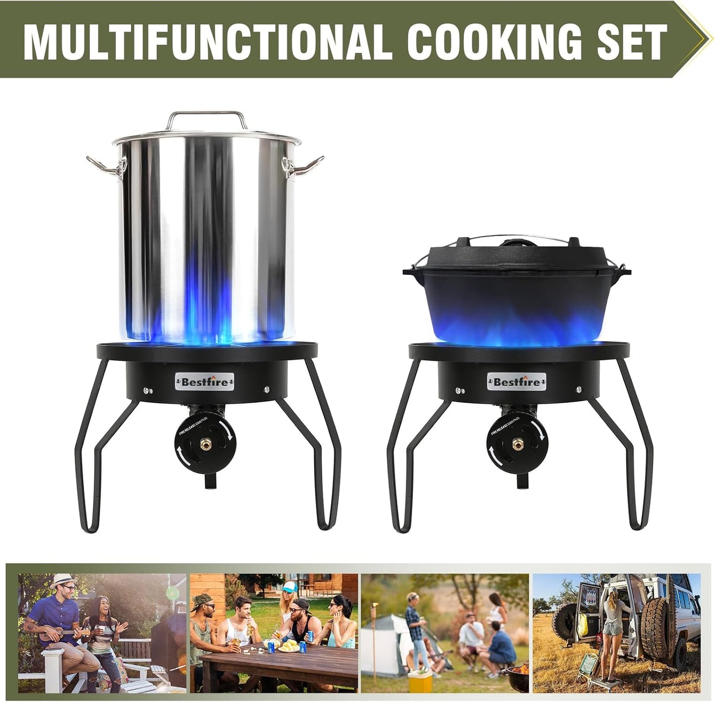 Bestfire 16" Single Propane Burner Camping Stove with Steel Braided Hose 200,000 BTU for Frying, Camping, Home Brewing and Turkey Frying