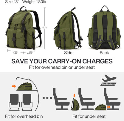 mixi Travel Backpack for Women Men, 18 Inch Carry On Laptop Backpack Flight Approved fits 16'' Laptop, Lightweight Waterproof Hiking Backpack Travel Outdoor Business Casual Daypack, Jungle Green