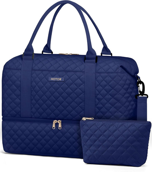 HOTOR Travel Duffel Bag - Weekender Bags for Women, Carry On Overnight Bag with Shoe Compartment, with Toiletry Bag for Travel Essentials and Travel Accessories, Dark Blue, 13.4"×17.3"×7.9"