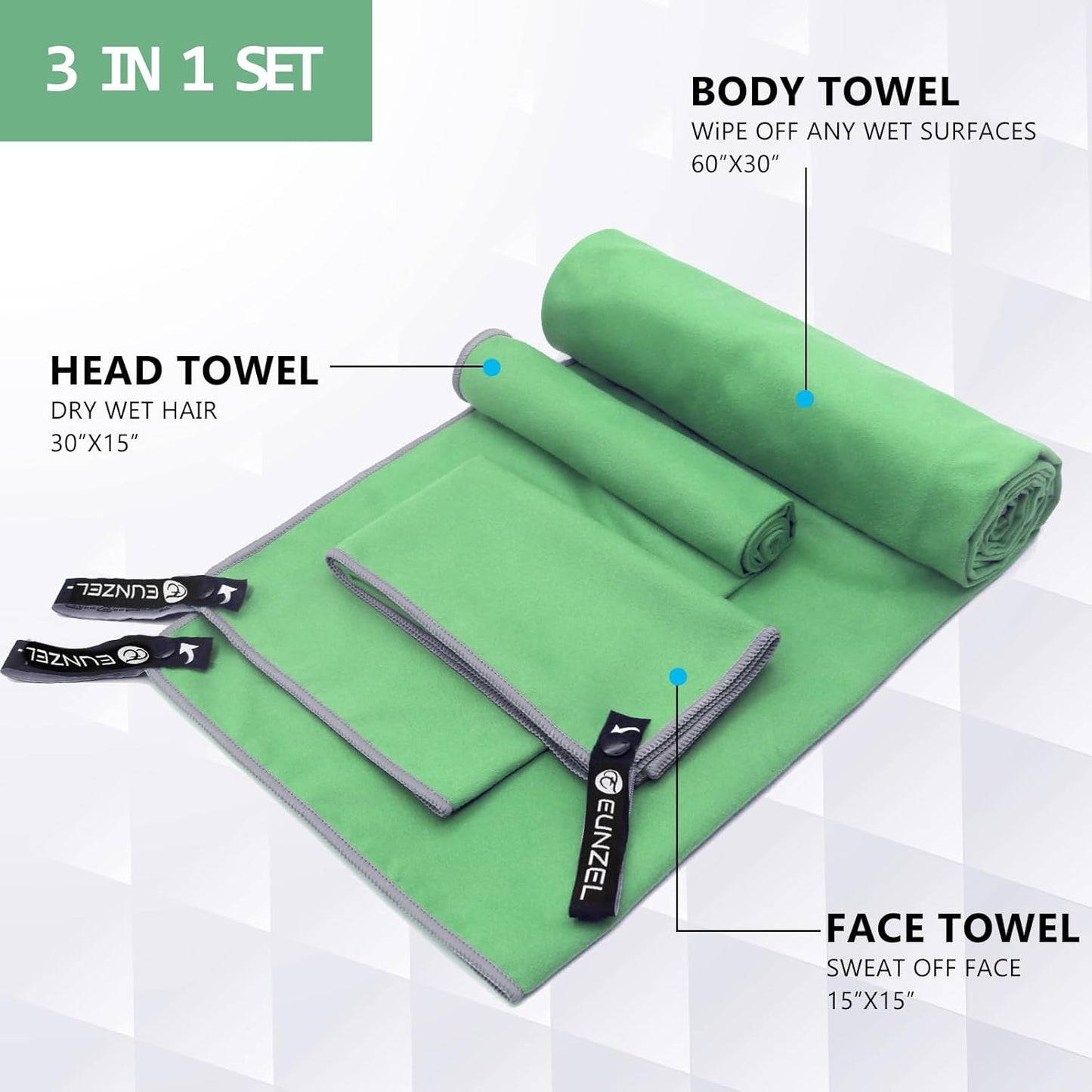 Eunzel Quick Dry Camping Towel, Microfiber Travel Towel 3 Size at 1 Pack,Fast Drying Towel Set for Camping, Beach, Gym, Sports, Yoga & Swimming Pool, Green