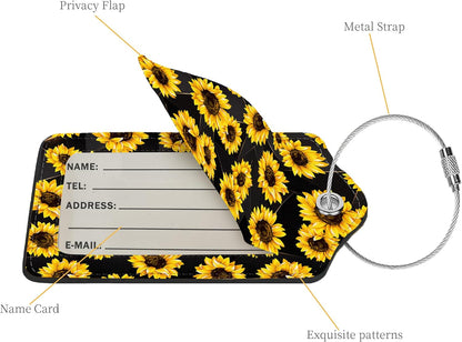 2 Pcs Luggage Tags for Suitcase, Cute Unique PU Leather Travel Bag Tag with Privacy Cover ID Label Address Card and Durable Metal Ring Suitable for Men Women Children Backpack,Sunflower