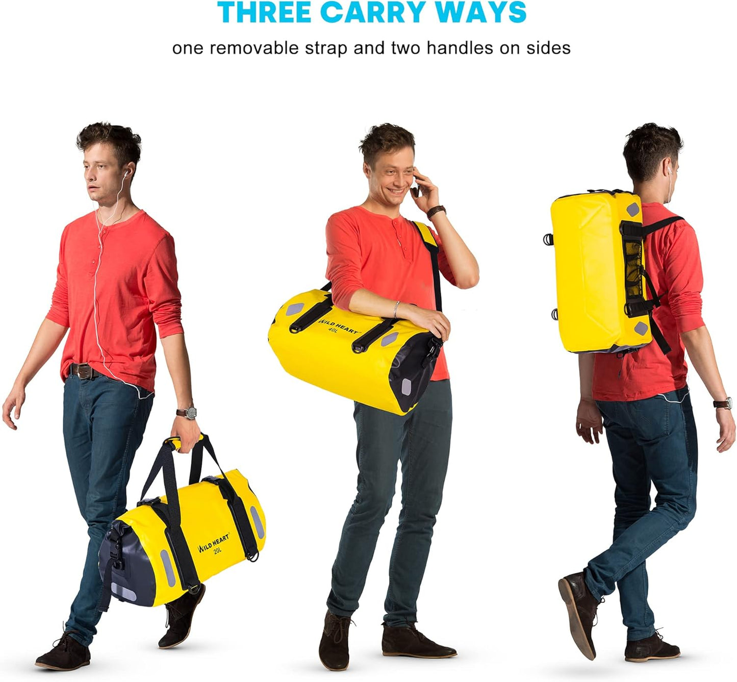 WILD HEART Waterproof Bag Duffel Bag 20L 30L 40L with Welded Seams Shoulder Straps, Mesh Pocket for Kayaking, Camping, Boating,Bicycle,Motorcycle