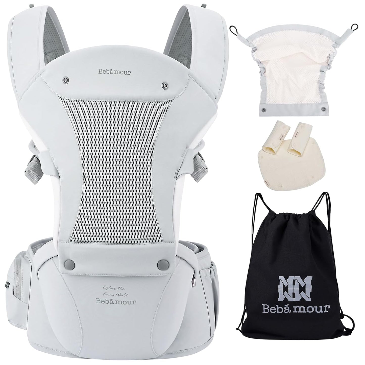 Bebamour Baby Carrier with Hip Seat,All-Position Breathable Mesh Hip Seat & Carrier 0-36Months with Head Hood, 3 PCS Teething Pads, Waist Extender,Storage Bag & Pacifier Case (Grey)