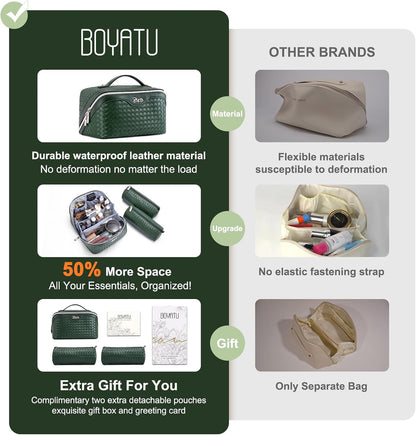 BOYATU Travel Makeup Bag Cosmetic Bags for Women: Large Capacity 3 Pcs Set Make up Bag with Compartments - Waterproof Vegan Leather Toiletry Organizer Bags with Handle - Travel Essentials(L06 Olive)