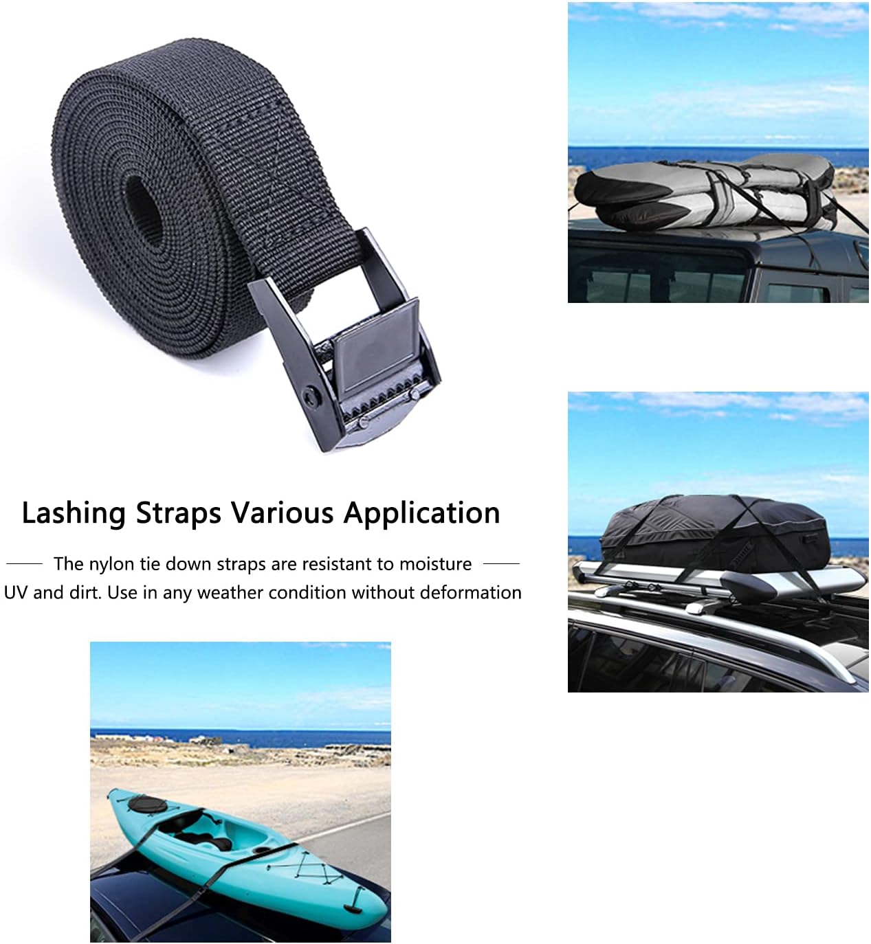 Premium Lashing Nylon Strap - Cam Buckle Tie Down Straps Heavy Duty Secure Straps up to 500 lbs Capacity for Motorcycle,SUP, Kayak, Canoe, Surfboard, Cargo, Boat,Trailer, Moving(1'' x 6.5Ft Black)