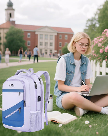 MATEIN Womens College Backpack, Stylish Casual Bag with Trolley Sleeve Fits 17 Inch Laptop, Water Resistant Work Commute Daypack with USB Charging Port, Graduation Gifts, Purple Blue