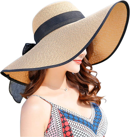 DRESHOW Beach Hats for Women Big Straw Wide Brim Summer Hat Floppy Foldable Roll up Cap Sun Hat UPF 50+