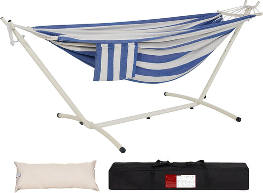 LazyDaze Hammocks Double Hammock with Stand - 2 Person Heavy Duty Outdoor Hammock for Adults, Includes Durable Steel Stand, Portable Carrying Bag and Pillow, Blue White