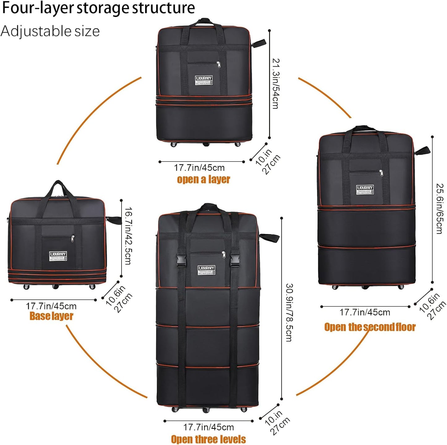 Expandable Large Capacity Travel Bag Oxford Cloth Duffel Bag with Wheels Lightweight Waterproof Travel Foldable Suitcase(Black)