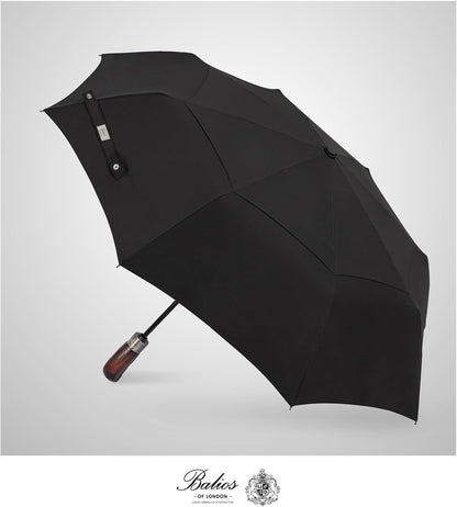 Balios Travel Folding Umbrella with Real Wood Handle Auto Open Close Vented Windproof Canopy - Designed in UK