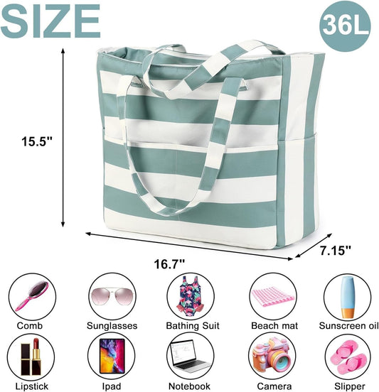 CAMTOP Waterproof Beach Tote Bag for Women Girls with Zipper Foldable Sandproof Pool Swim Bag Travel Carry On Gym