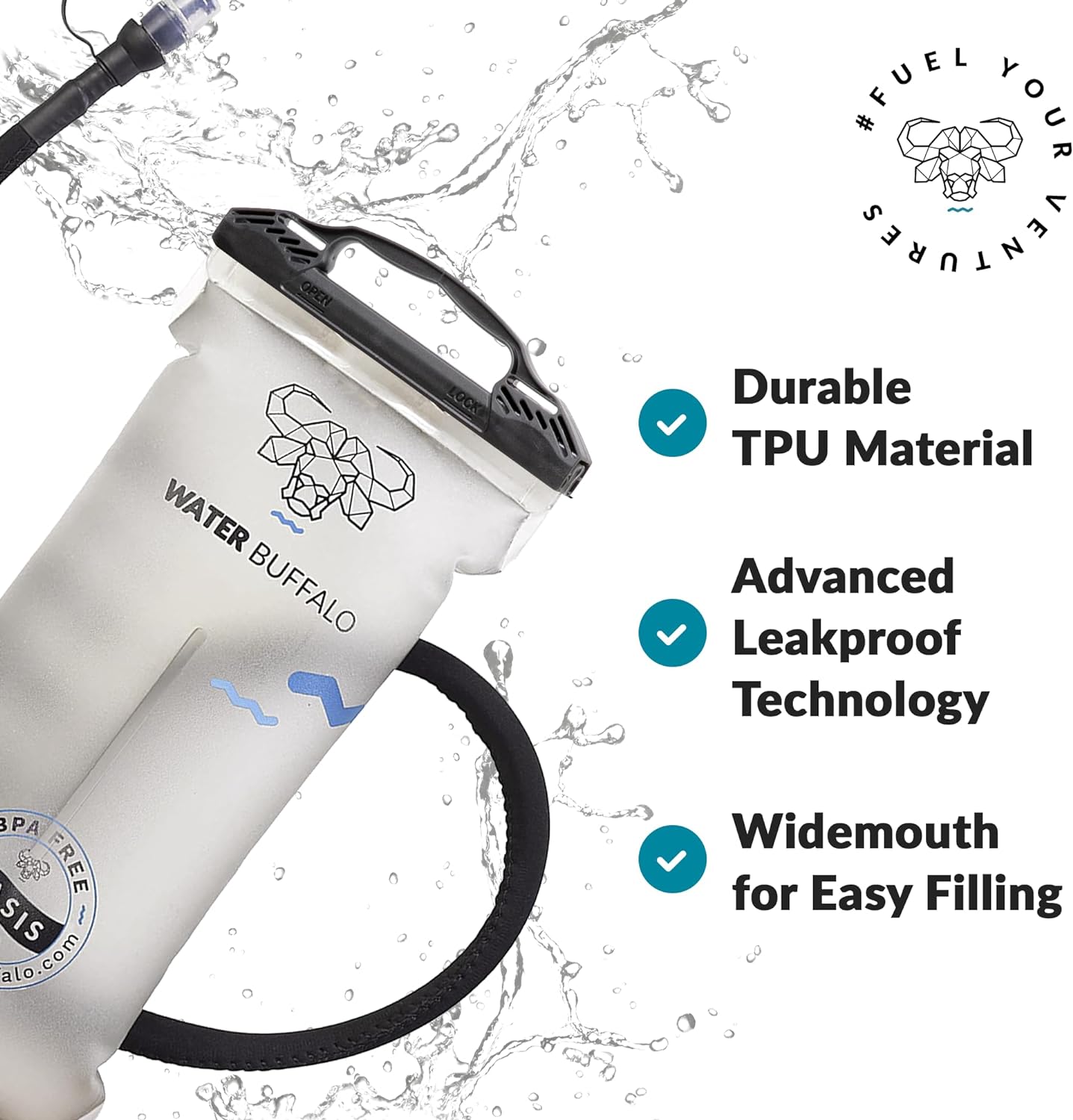 Water Buffalo Oasis Hydration Bladder – 2L and 3L Water Bladder for Hiking Backpack, Leakproof Design with Insulated Hose and High-Flow Bite Valve