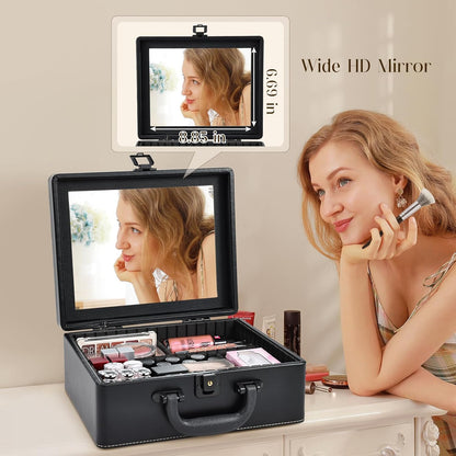 Joligrace Travel Makeup Case with Mirror, Makeup Organizer Case, PU Leather Makeup Train Case Portable Vanity Case Make up Box Countertop Storage Bag for Women,with Adjustable Dividers & Brush Holder