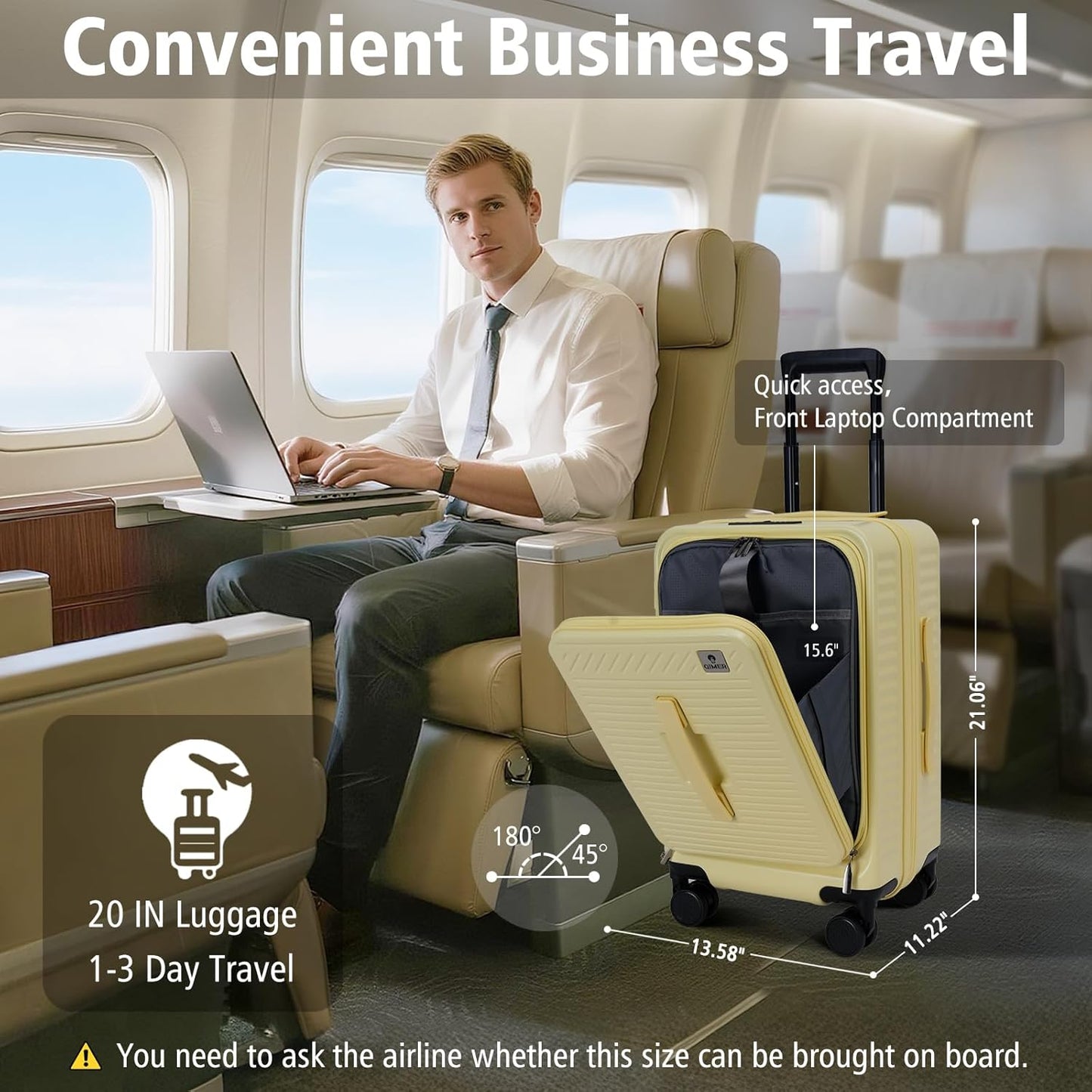 20 Inch Luggage with Spinner Wheels,Expandable Front Opening Suitcase 100% PC Hard Shell TSA Lock, Smooth Rolling Wheels, Lightweight Travel for Men and Women, Y03 Yellow Slightly Larger