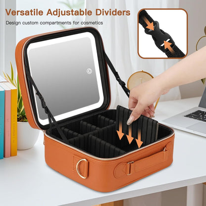 Travel Makeup Bag with LED Mirror, Cosmetic Bags for Women with Light up Mirror, Travel Essentials Makeup Organizer, Makeup Case with Adjustable Dividers and Brush Holder, 3 Color Lights