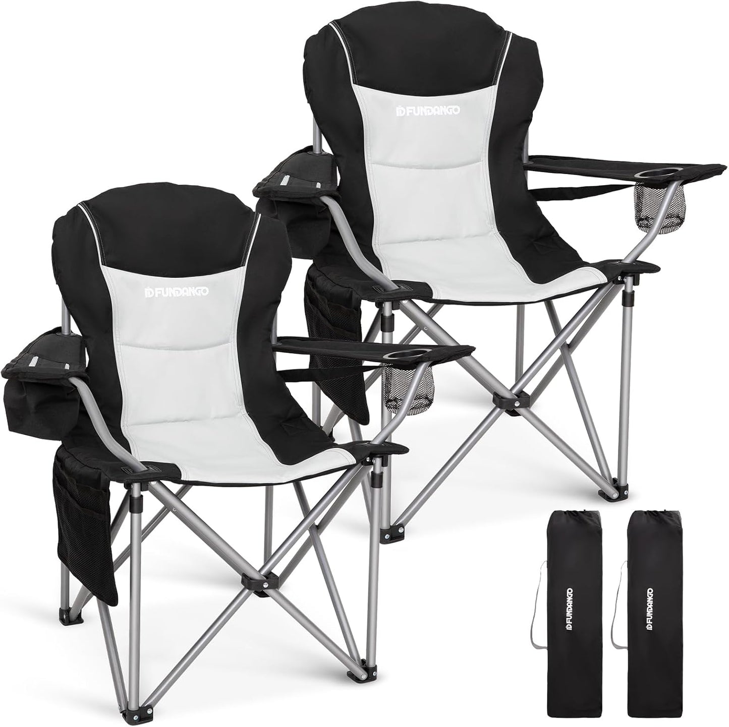 FUNDANGO Folding Camping Chair Heavy Duty, 2 Pack Oversized 440 Lbs Support Outdoor Camp Chairs with Lumbar Support & Cooler Pocket for Fishing Backyard Sports Beach Garden (Black/Grey)