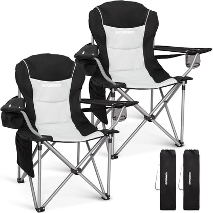 FUNDANGO Folding Camping Chair Heavy Duty, 2 Pack Oversized 440 Lbs Support Outdoor Camp Chairs with Lumbar Support & Cooler Pocket for Fishing Backyard Sports Beach Garden (Black/Grey)