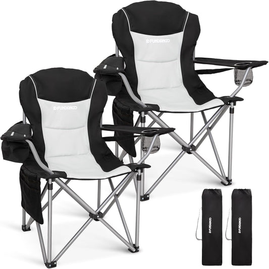 FUNDANGO Folding Camping Chair Heavy Duty, 2 Pack Oversized 440 Lbs Support Outdoor Camp Chairs with Lumbar Support & Cooler Pocket for Fishing Backyard Sports Beach Garden (Black/Grey)
