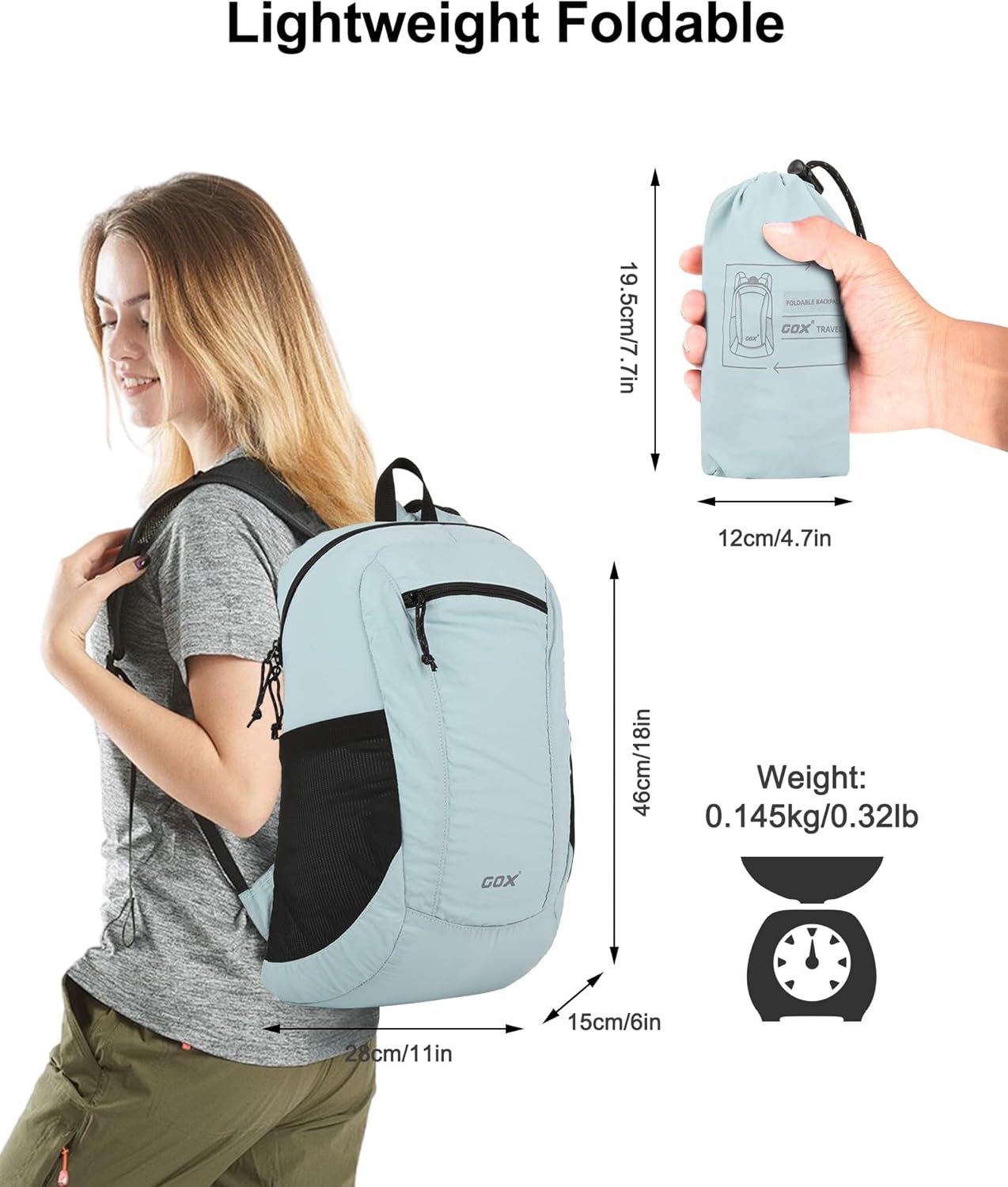 GOX Foldable 20l Backpack For Travel Lightweight Hiking Packable Daypack for Men Travel Camping Outdoor Bag Women (Sky Blue)