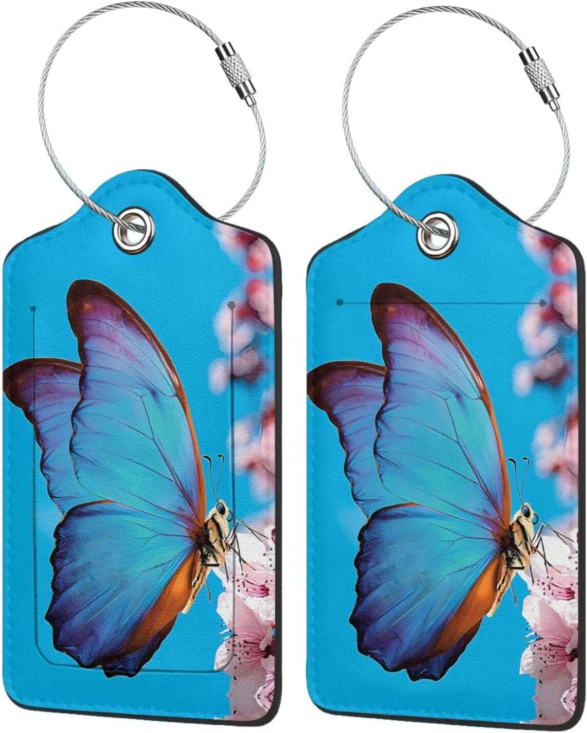 2 Pack Luggage Tags for suitcases Blue Funny Cute Butterfly Luggage Tag, Leather Stainless Steel Loop Label Tag for Men Women Travel Bag Suitcase(Butterfly)