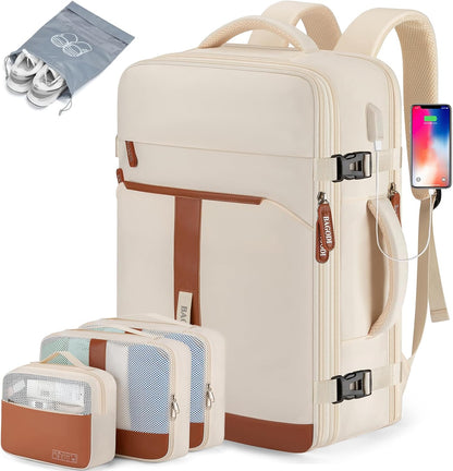42L Travel Laptop Backpack, Expandable Carry-on Luggage, Anti-Theft Business Weekender Bag with USB Port, 3 Packing Cubes & Shoe Bag (Beige)