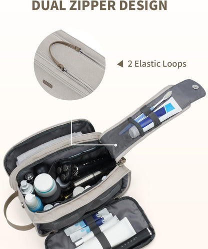 WANDF Toiletry Bag for Men Travel Toiletry Organizer Canvas and Leather Dopp Kit Water-Resistant Shaving Bag for Travel Accessories (Cream Beige, Large)