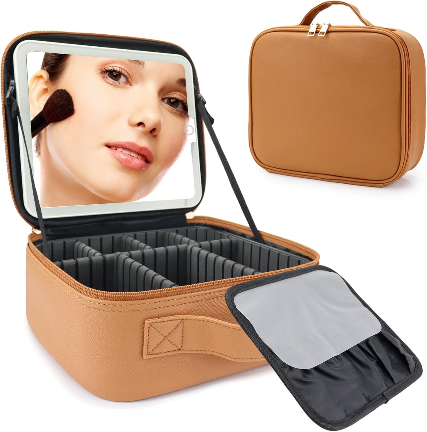 Travel Makeup Bag with LED Mirror Travel Makeup Organizer with 3 Lighted Settings, Adjustable Dividers and Makeup Brush Storage Bag Orange-Brown