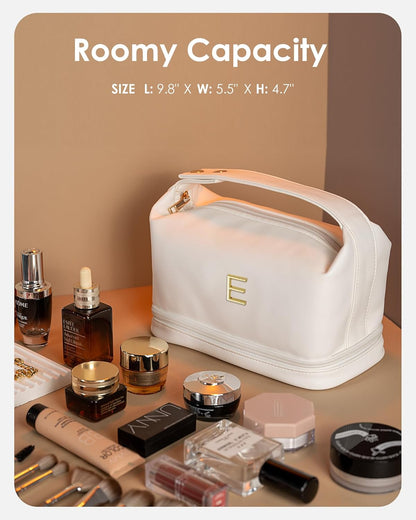 Gifts for Teen Girls, Initial Makeup Bag, Personalized Bags with Handle, Waterproof Double Layer Cosmetic Bag, Large Capacity PU Leather Makeup Bags Letter Travel Toiletry Bag, Friend Gifts