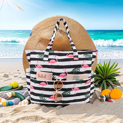 LEDAOU Large Beach Tote Bag Women Waterproof Sandproof Zipper Beach Tote Bag for Pool Gym Grocery Travel with Wet Pocket