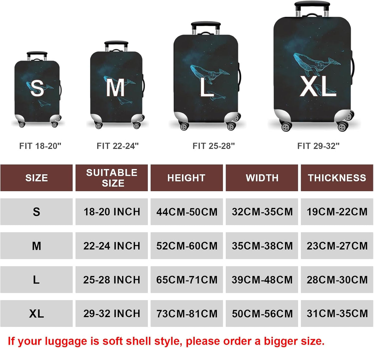 WUJIAONIAO Travel Luggage Cover Baggage Suitcase Cover Protector Skins 18-32 Inch (dolphin, S (for 18-20 inch luggage))