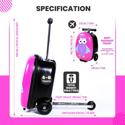 Owl Kids Scooter Suitcase - Folding Kids Luggage with Wheels - Multifunctional Ride on Luggage Travel suitcase with Strong Grip, Easy Locks and Zippers – Capacity to Hold 110LB